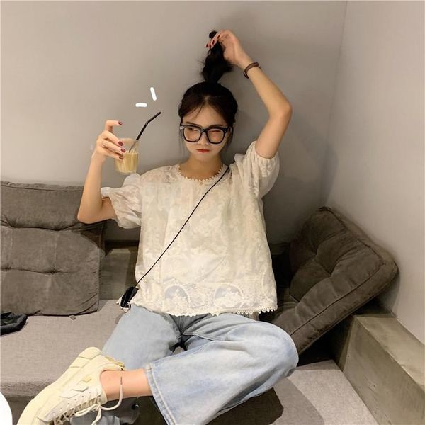 

women's t-shirt fairy doll shirt super short sleeves sense niche korean style 2021 and thin outer wear width loose summer, White
