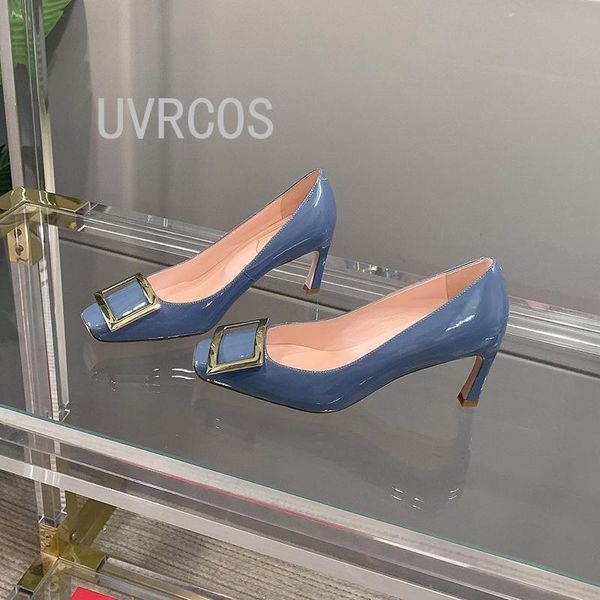 

dress shoes women's patent leather square toe thick heel single versatile fashion brand mid-heel buckle high heels 2021, Black