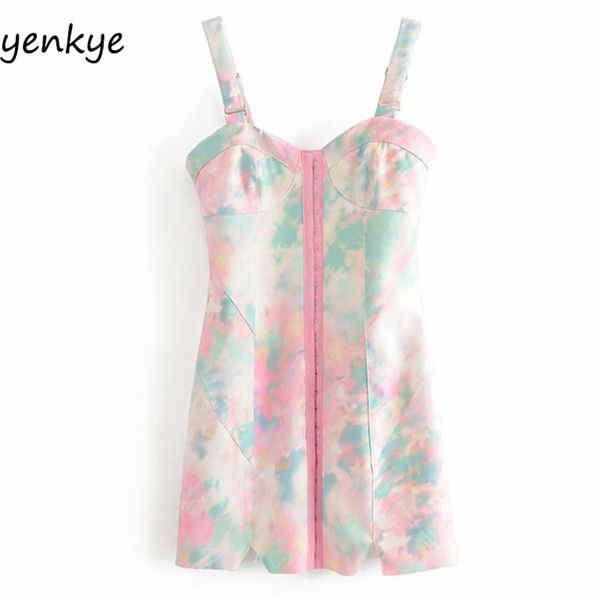 

multicolor tie-dye print sling dress women front hook sleeveless summer mini romantic lady club party es 210514, Black;gray