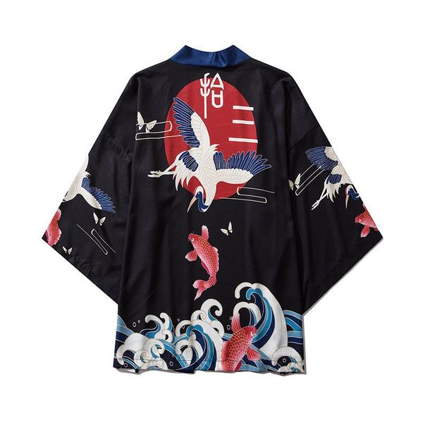 

male japan retro pattern bird print cardigan shirts men streetwear fashion hip hop loose casual short sleeve kimono men's, White;black