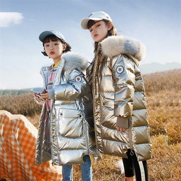 Lange Daunenjacken für Mädchen 10 12 Jahre Winter großer Pelzkragen warmer Mantel Marke Kinder Parkas 211203