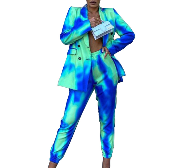 

women's two piece pants 2021 european and american style autumn fashion + small suit two-piece slim tie-dye jacket, White