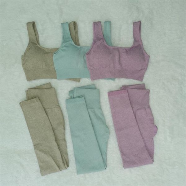 

2pcs sports suits women seamless yoga sets running fitness gym pants high waist straps sport leggings elasticity bra 210802, Gray