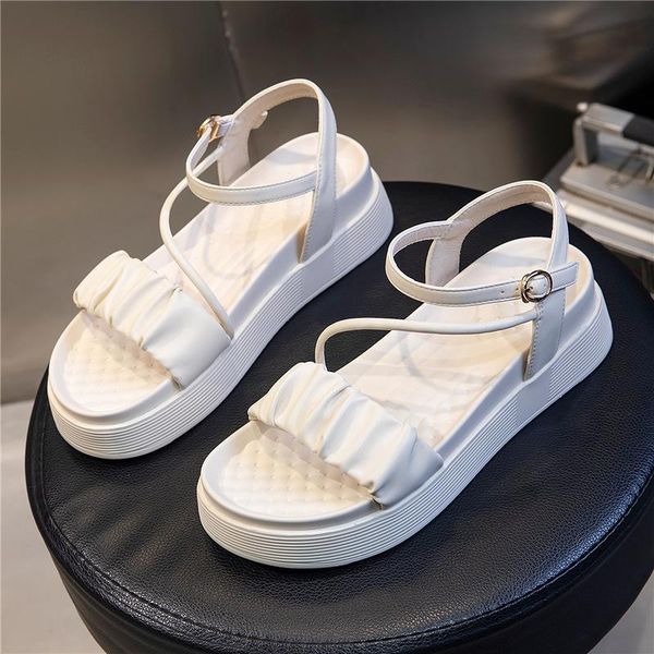 

buckle sandals women 2021 summer ladies fish mouth fairy style flat wedge shoes yy-50, Black