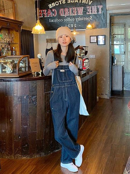 

age reducing college style denim suspenders women's autumn version loose and thin wide leg casual pants, Blue