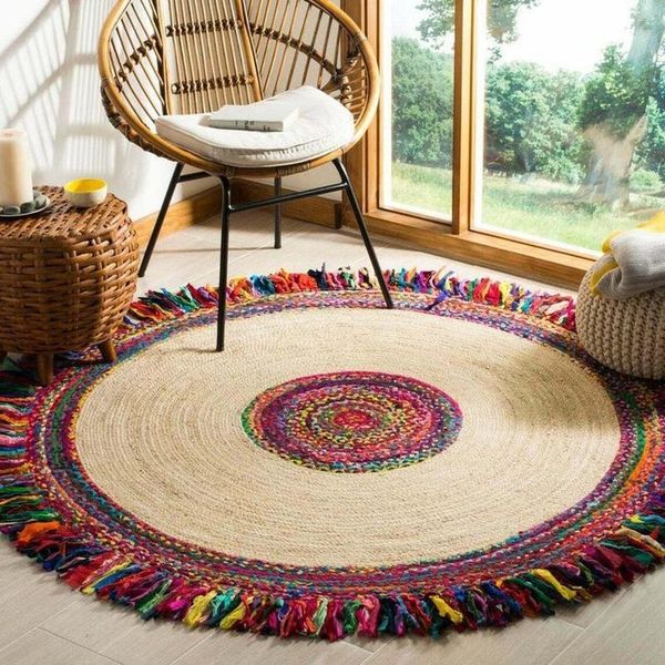 

carpets rug 100% natural jute & cotton bohemian reversible round area dhurrie carpet bedroom decor floor mat in the room