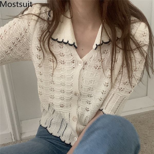 

hollow knitted cardigan women summer short sleeve single-breasted jumpers korean elegant ladies sweaters femme 210514, White