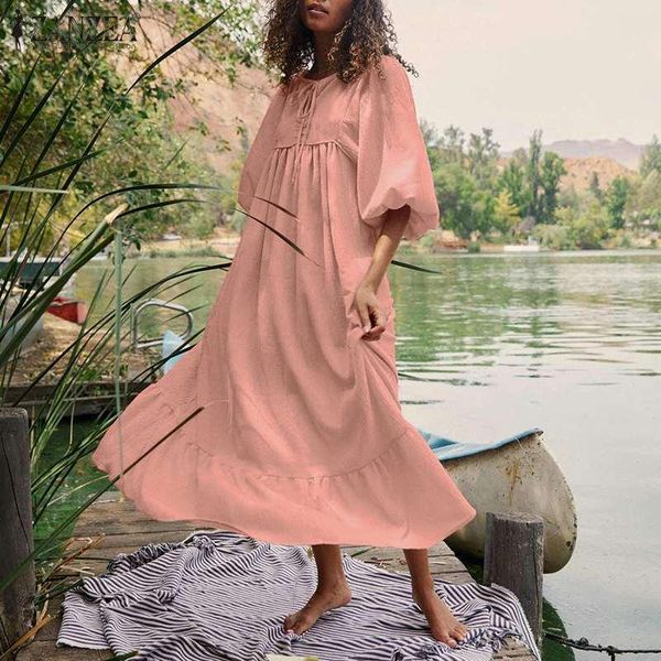 

fashion women's ruffle lace up dress 2021 summer holiday maxi vestidos casual puff sleeve o-neck robe femme plus size 5xl dresses, Black;gray