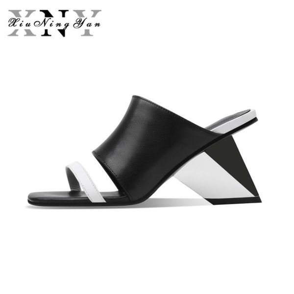 

fashion genuine leather brand women sandals 2021 summer slippers shoes open toe strange style high heels supper star woman dress, Black