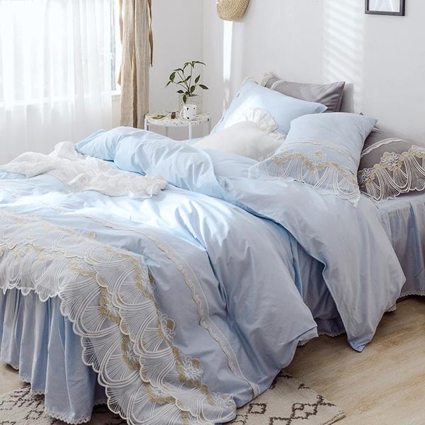 

bedding sets blue princess lace set king  twin size girls bed solid soft sheet duvet cover lit parure skirt de