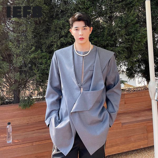 

iefb korean temperament niche design collarless long sleeve loose big size blazer personality irregular button grey suit 9y7555 210524, White;black
