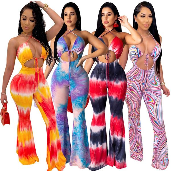 

women rompers halter lace up drawstring backless plunged jumpsuit slim leg trousers bandage hollow out gradient print overalls full length o, Black;white
