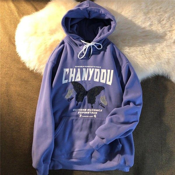 

women's hoodies & sweatshirts 2021 korean style loose fresh long-sleeved plus velvet hoodie oversized sweatshirt butterfly print female, Black