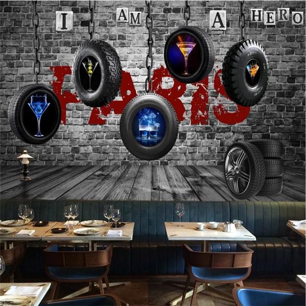 

wallpapers retro car tire hanging wheel cocktail gray brick wall background 3d mural wallpaper bar ktv industrial decor paper