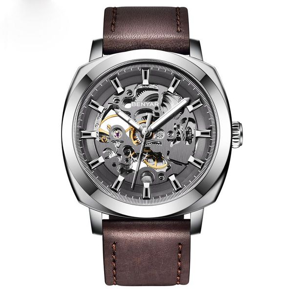 

wristwatches fashion men mechanical watch casual waterproof automatic self wind watches for reojes de hombre, Slivery;brown