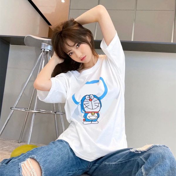 

design clothing chao + 21 spring and summer alphabet printing blue fat man embroidery sticker dora robot round neck short sleeve t-shirt, White