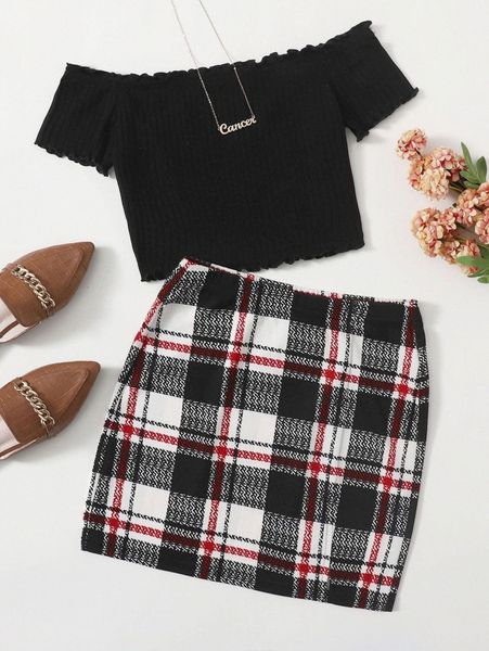 

off shoulder lettuce trim & plaid skirt set 59vi#, White