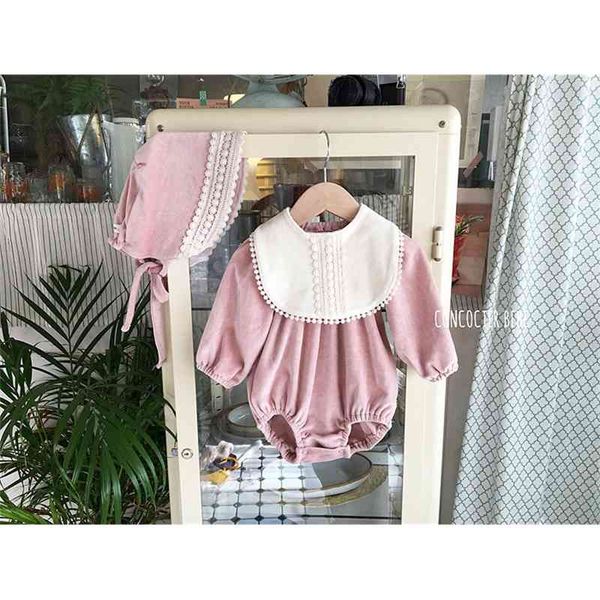 

new fashion bodysuit baby girl clothes 3pcs girls bodysuit+ bibs+ hat cute princess jumpsuit infant kids clothing set 210413, White