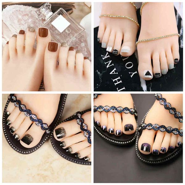 Tatil Foot Moda Kızlar için Sahte Çiviler Sahte Toenails 24 İpuçları Tutkal Shining Nail Art Süslemeleri Araçları ile