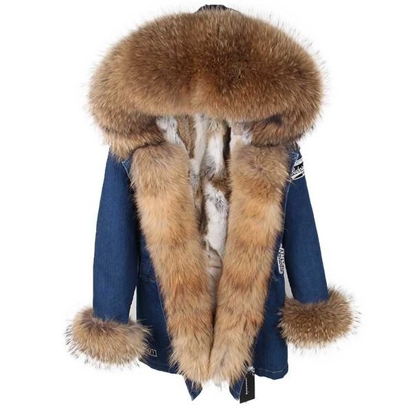 Maomaokong inverno donna naturale vera pelliccia di coniglio fodera collo di pelliccia giacche di jeans da donna parka cappotto di pelliccia 211019