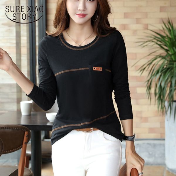 

simple pocket t-shirts cotton t-shirt autumn and winter women fashion korean style o-neck long sleeve female tshirt 7194 50 210417, White