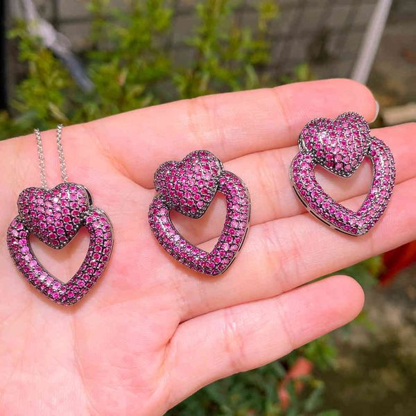 

popular jewelry peach heart micro inlaid zircon chain love earrings necklace full diamond two-piece set, Black