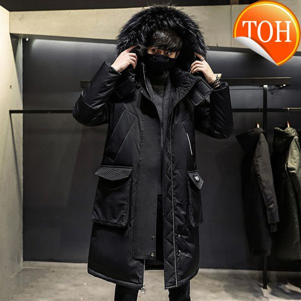 

2021 winter new down jacket young men mid-length thick warm fur collar hooded hight quality fashionable male coat, Black