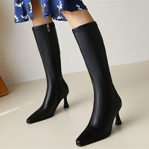 

boots winter women outdoor casual shoes knee high square toe side zipper heel calf big size 46, Black