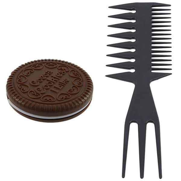 

hair brushes 2pcs cute chocolate cookie shape cosmetic makeup mirror + comb lady girl with double-sided wide tooth styling, Silver