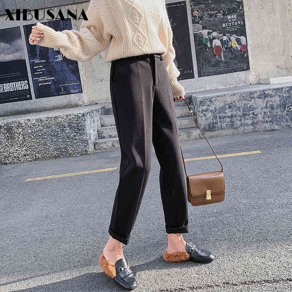 

autumn micro elastic cotton long pants female high waist granny casual loose harem trousers solid 210423, Black;white
