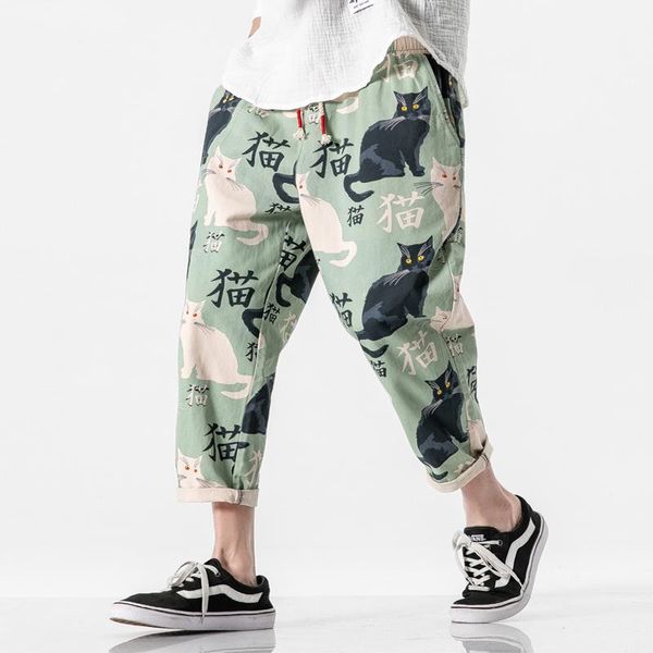 

men's pants chinese style cotton linen loose harem men plus size fashion printed elastic waist ankle-length 4xl 5xl, Black