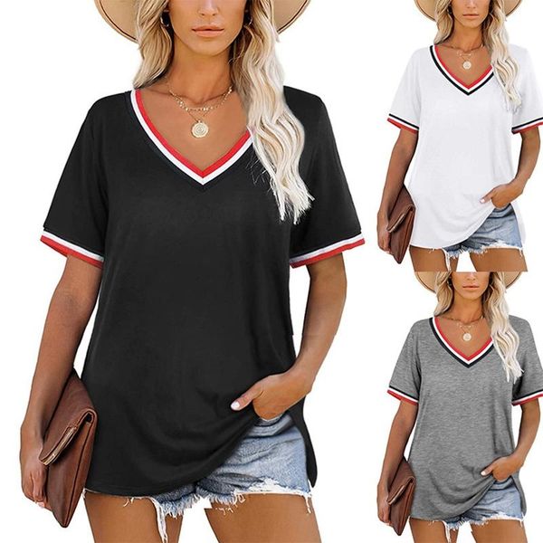 

women's t-shirt loose casual color stripe stitching v-neck short-sleeved top, White