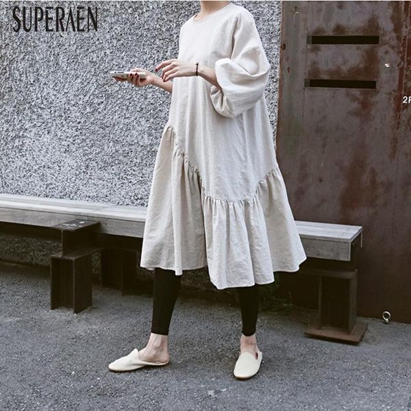 

casual dresses superaen spring and autumn women dress fashion 2021 cotton linen loose long sleeve wild, Black;gray