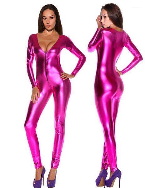 

wholesale- women jumpsuits romper solid latex catsuits black/silver/gold/blue/rose zipper night club full sleeve faux leather bodysuit1, Black;white