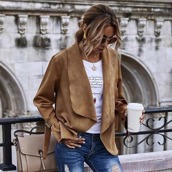 

european american women's fall winter 2021 solid color cardigan large lapel suede long-sleeved jacket women vintage jackets, Black;brown