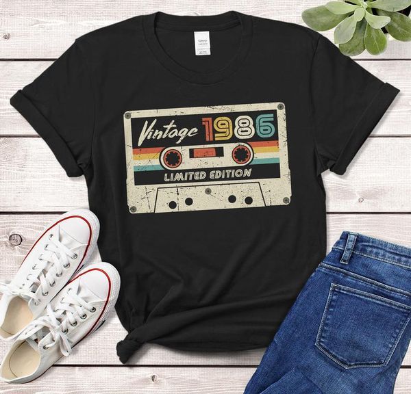 

women's t-shirt vintage 1986 retro cassette made in birthday 34 years old gift for mom, dad idea classic tshirt woman tshirts, White