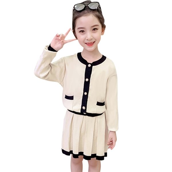 

kids knitted clothes girls patchwork clothing for outerwear + skirt set casual style tracksuit 210528, White