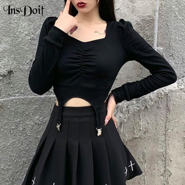 

women's hoodies & sweatshirts insdoit autumn women chic casual crop streetwear punk long sleeve harajuku gothic grunge buckle patchwor, Black