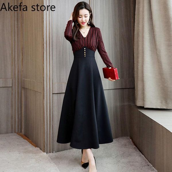 

casual dresses patchwork v-neck a-line maxi women bright line striped stitching slim party dress elegant high waist vestidos fall 2021, Black;gray