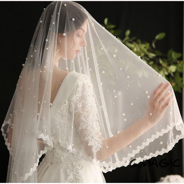 

bridal veils peorchid elegant pearl wedding veil with comb lace edge 2 layer bride beil long 100cm women accesorios de novia, Black