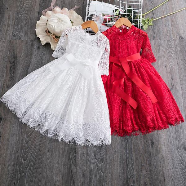 

girl's dresses red lace christmas dress girls clothes kids for birthday party autumn winter embroidery flower children clothing, Red;yellow