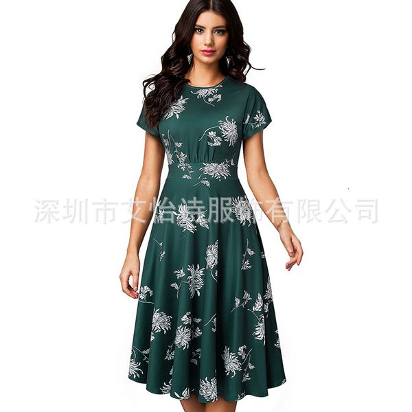 

dresses 2021 summer new dress lady round neck print short sleeve a-line swing skirt, Black;gray