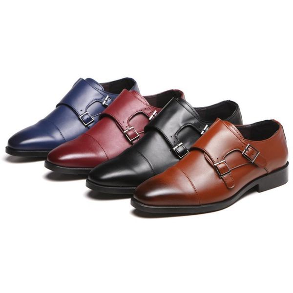 

mens dress shoes fashion autumn formal buckle pu leather male footwear business casual pointed toe low heel man loafers, Black