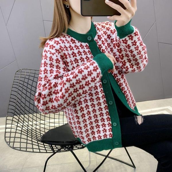 

women's knits & tees 2021 autumn and winter flower sweater knitted cardigan women fashion casual jacquard contrast color all-match blou, White