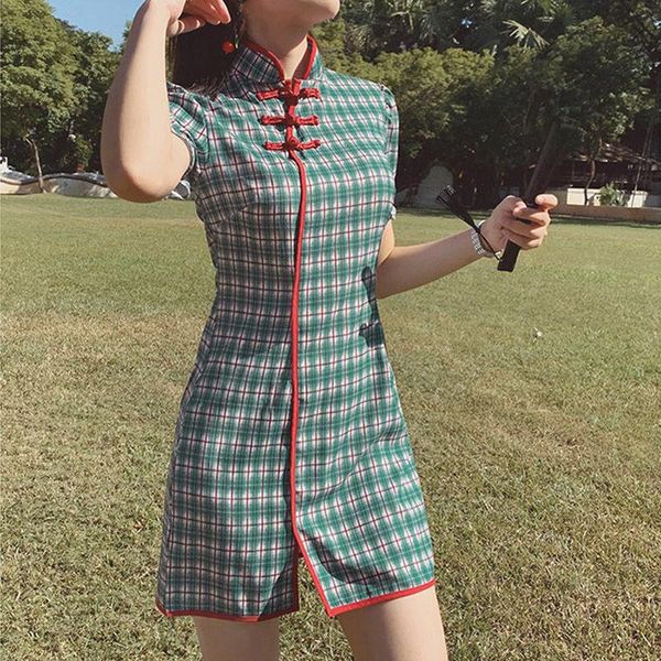 

ethnic clothing chinese style women club bodycon plaid cheongsam mini dress summer girly traditional retro qipao elegant party slit dre, Red