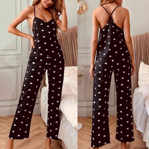 

pyjamas fashion black white womens sleepwears heart printing pajama set sling wide leg pants lingerie sleepwear summer p, Black;red