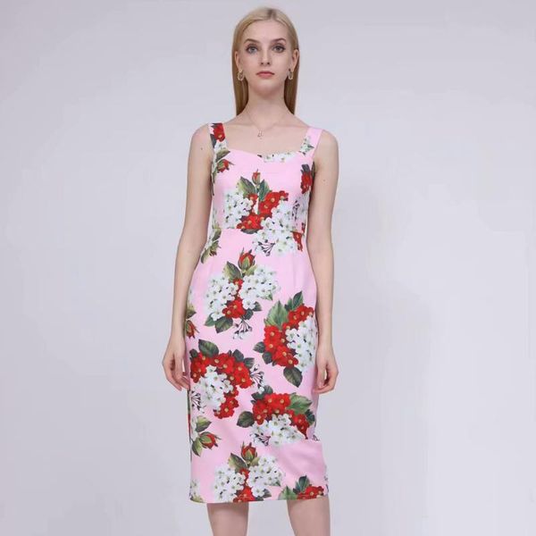 

casual dresses est fashion 2021 runway dress women's spaghetti strap floral print pencil, Black;gray