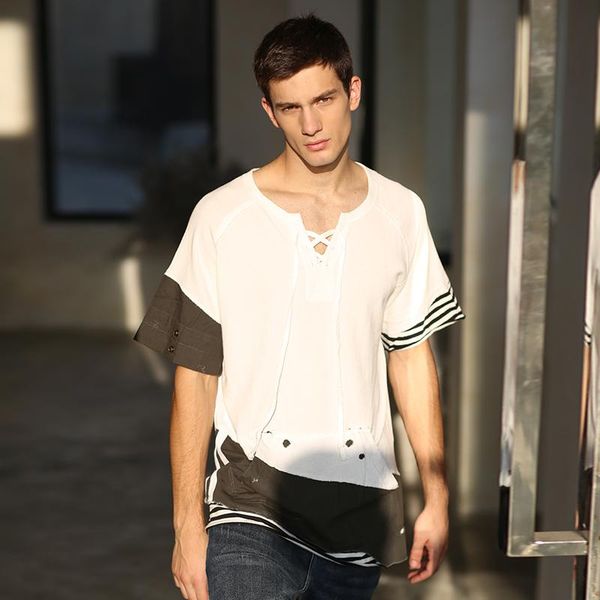 

alexplein men's clothing fashion t shirt summer casual 2021 vintage destroyed retro shortsleeve stylist funny oversize patchwork t-shir, White;black