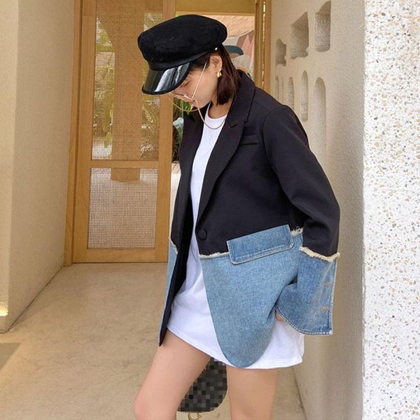 

spring women denim jacket coat lapel patchwork fashion casual clothing women's jackets, Black;brown