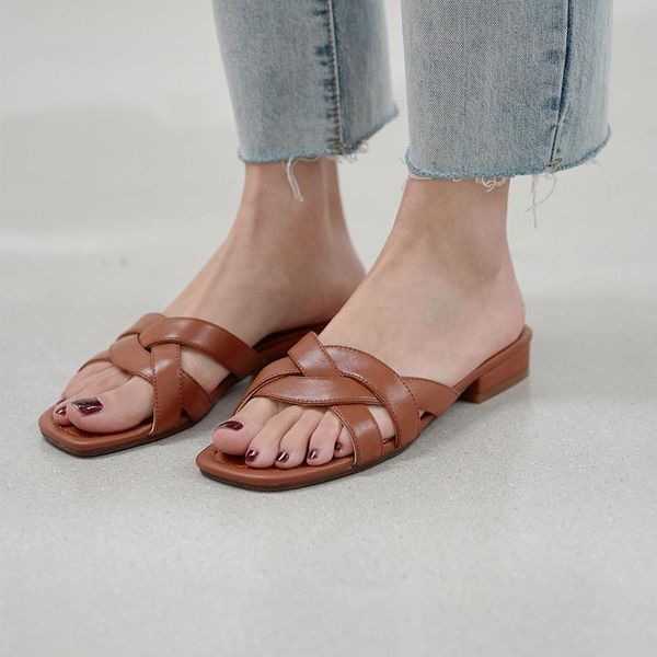 

2cm low square heels shoes for girls elegant female slippers peep toe 2021 summer casual basic woman, Black